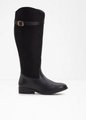 Kozaki z szeroką cholewką i ozdobną klamrą. Czarne kozaki bonprix, bez wzorów, bez obcasa, bez zapięcia. Za 219.99 zł.