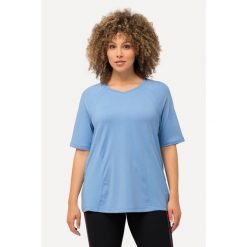 Damskie Bluzka funkcyjna szybkoschnąca dekolt w serek rękawy 1/2. Niebieskie t-shirty sportowe Ulla Popken, plus size, bez wzorów, z elastanu, bez ramiączek. Za 199.99 zł.