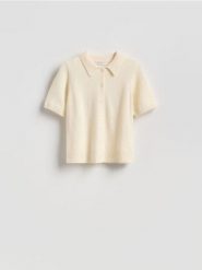 Wełniany sweter polo - kremowy. Białe swetry Reserved, l, bez wzorów, z wełny, bez ramiączek. Za 149.99 zł.