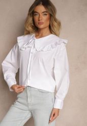Biała Koszula z Bawełny w Stylu Retro z Wiązaniem i Kołnierzykiem z Falbankami Firsela. Białe koszule Renee, z aplikacjami, z bawełny, klasyczne, bez kołnierzyka, bez ramiączek. W wyprzedaży za 83.99 zł.