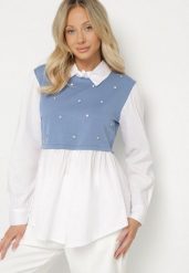 Niebieska Rozkloszowana Bluzka Koszulowa z Wiskozą z Wszytą Kamizelką z Cyrkoniami Uliaviela. Niebieskie bluzki Born2be, bez wzorów, z jeansu, eleganckie, bez kołnierzyka, bez ramiączek. W wyprzedaży za 76.49 zł.
