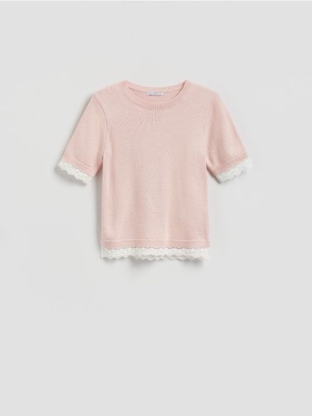 Sweter z dodatkiem wełny - pastelowy róż. Czerwone swetry Reserved, l, bez wzorów, z dzianiny, bez ramiączek. W wyprzedaży za 35.99 zł.