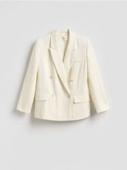 Dwurzędowa marynarka z wiskozą - biały. Białe marynarki i żakiety Reserved, l, bez wzorów, z tkaniny, bez ramiączek. Za 299.99 zł.