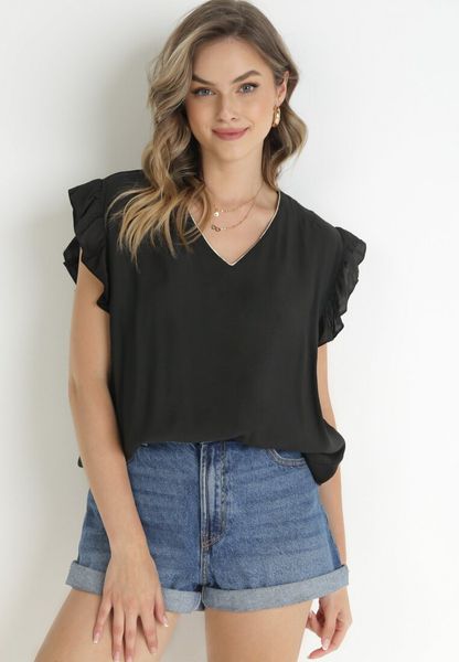 Czarna Bluzka z Falbankami i Złotą Nitką Gracelly. Czarne bluzki Born2be, xl, bez wzorów, bez kołnierzyka, bez ramiączek. Za 19.99 zł.