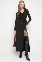 Czarna Sukienka Kopertowa z Wiskozą Zdobiona Rozcięciem i Wiązanym Paskiem Teslea. Czarne sukienki Born2be, na co dzień, l, z aplikacjami, z wiskozy, eleganckie, bez kołnierzyka, bez ramiączek, maxi, kopertowe. Za 159.99 zł.