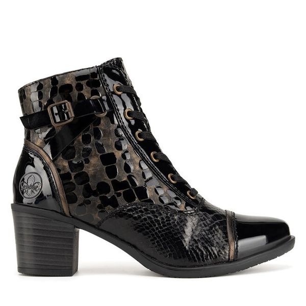 Trzewiki Rieker. Czarne botki Rieker, bez wzorów, bez obcasa, na słupku, bez zapięcia. Za 307.99 zł.