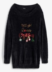 Sweter off-shoulder z bożonarodzeniowym motywem. Czarne swetry bonprix, bez wzorów, bez ramiączek. Za 149.99 zł.