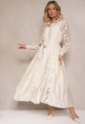 Beżowa Haftowana Wiskozowa Sukienka Rozkloszowana z Bawełną i Paskiem Zenvivi. Brązowe sukienki Renee, na co dzień, l, bez wzorów, z bawełny, eleganckie, bez kołnierzyka, bez ramiączek, maxi, koszulowe. W wyprzedaży za 259.99 zł.