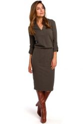 Oliwkowa Dzianinowa Sukienka w Szpic z Gumką w Talii. Zielone sukienki MOE, l, bez wzorów, z bawełny, wizytowe, bez kołnierzyka, bez ramiączek. Za 229.90 zł.