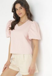 Różowa Bluzka z Bufiastymi Krótkimi Rękawami Casania. Czerwone bluzki Born2be, m, bez wzorów, eleganckie, bez kołnierzyka, bez ramiączek. Za 149.99 zł.