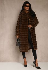 Brązowy Płaszcz Futerko z Ozdobnymi Przeszyciami i Kapturem Esetia. Brązowe płaszcze Renee, s, bez wzorów, z futra, eleganckie. Za 399.99 zł.