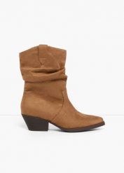 Botki kowbojki z marszczeniem. Brązowe botki bonprix, bez wzorów, eleganckie, bez obcasa, bez zapięcia. Za 169.99 zł.
