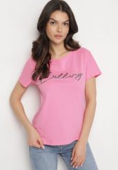 Różowy Bawełniany T-shirt z Ozdobnym Napisem Virretis. Czerwone t-shirty Born2be, m, bez wzorów, z bawełny, klasyczne, bez kołnierzyka, bez ramiączek. Za 59.99 zł.