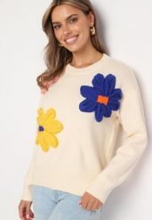 Beżowy Sweter z Wiskozą Wykończony Aplikacjami Kwiatów 3D Morivia. Brązowe swetry Born2be, z aplikacjami, z jeansu, bez ramiączek. W wyprzedaży za 67.99 zł.
