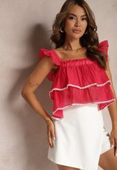 Fuksjowy Top na Ramiączkach z Falbankami i Możliwością Odpięcia Treviana. Czerwone topy Renee, l, bez wzorów, bez kołnierzyka, bez ramiączek. W wyprzedaży za 39.99 zł.