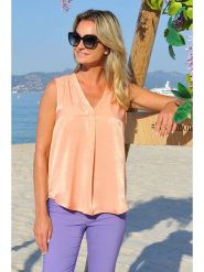 Bleu d'Azur Top "Juliana" w kolorze pomarańczowym rozmiar: 36. Pomarańczowe topy Bleu d'Azur, w ażurowe wzory, bez kołnierzyka, bez ramiączek. Za 57.20 zł.