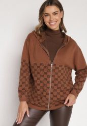 Brązowy Kardigan na Suwak z Kapturem i Geometrycznym Motywem Lunetusa. Brązowe swetry Born2be, l, bez wzorów, z jeansu, eleganckie, bez ramiączek. Za 99.99 zł.