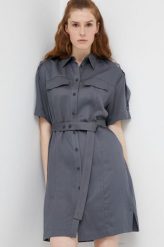 Calvin Klein sukienka z domieszką lnu kolor szary mini oversize. Szare sukienki Calvin Klein, bez wzorów, z tkaniny, bez kołnierzyka, bez ramiączek, mini, oversize. Za 1,199.90 zł.