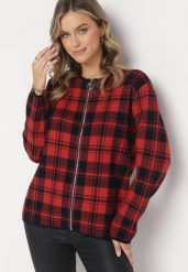 Czerwono-Czarny Zasuwany Kardigan w Kratę Mimara. Czerwone swetry Born2be, l, bez wzorów, z bawełny, eleganckie, bez ramiączek. W wyprzedaży za 118.99 zł.