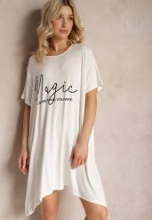 Biała Asymetryczna Sukienka Tunika z Wiskozy Ozdobiona Napisem Fiatta. Białe sukienki Renee, xl, bez wzorów, z dzianiny, z asymetrycznym kołnierzem, bez ramiączek, mini, asymetryczne. W wyprzedaży za 38.49 zł.