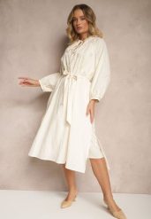 Beżowa Sukienka z Paskiem Boho z Bawełny Zdobiona Haftem Gonalin. Brązowe sukienki Renee, na co dzień, m, z aplikacjami, z bawełny, boho, bez kołnierzyka, bez ramiączek, midi, kopertowe. W wyprzedaży za 143.99 zł.