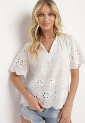 Biała Ażurowa Bluzka z Bawełny z Krótkim Rękawem Tinalese. Białe bluzki Born2be, s, w ażurowe wzory, z bawełny, eleganckie, bez kołnierzyka, bez ramiączek. W wyprzedaży za 76.49 zł.