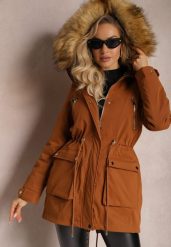 Brązowa Kurtka Parka z Kieszeniami i Kapturem z Futerkiem Caulisa. Brązowe kurtki Renee, s, bez wzorów, z futra. W wyprzedaży za 135.99 zł.