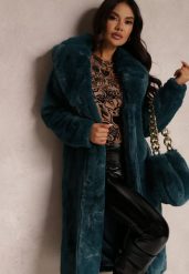 Ciemnozielony Płaszcz Futrzany Teddy z Wiązanym Paskiem i Torebką Voda. Zielone płaszcze Renee, l, bez wzorów, z futra, eleganckie, bez kaptura. Za 199.99 zł.