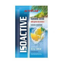 Isoactive izotonik funkcjonalny saszetka cytryna z zieloną herbatą. Zielone nerki i saszetki ACTIVLAB, bez wzorów, sportowe, bez dodatków. Za 1.40 zł.