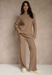 Ciemnobeżowy Komplet z Wełną i Bawełną Szerokie Spodnie i Sweter o Długim Kroju Reilissa. Brązowe swetry Renee, l, bez wzorów, z bawełny, bez ramiączek. Za 139.99 zł.