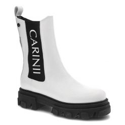Białe Botki Carinii Modne Skórzane Sztyblety. Białe botki Carinii, bez wzorów, ze skóry, eleganckie, bez obcasa, na płaskiej podeszwie, bez zapięcia. Za 369.00 zł.