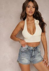 Jasnoniebieskie Denimowe Szorty High Waist z Bawełny z Przetarciami Zastorea. Niebieskie szorty Renee, bez wzorów, z bawełny, eleganckie. W wyprzedaży za 83.99 zł.