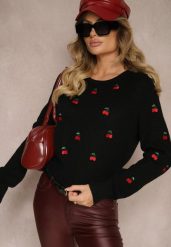 Czarny Sweter z Wiskozą i Haftowanymi Wisienkami Vaioria. Czarne swetry Renee, bez wzorów, z jeansu, casualowe, bez ramiączek. W wyprzedaży za 103.99 zł.