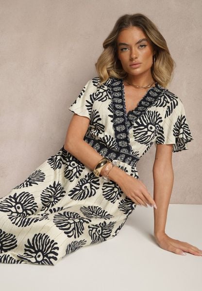 Niebieska Sukienka w Print Boho z Wiskozy Rozkloszowana z Dekoltem V Palarina. Niebieskie sukienki Renee, l, bez wzorów, z wiskozy, boho, bez kołnierzyka, bez ramiączek, maxi, rozkloszowane. Za 99.99 zł.