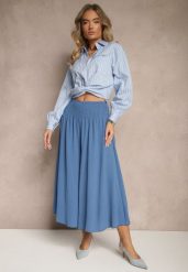 Niebieskie Spodnie Typu Kuloty High Waist o Szerokim Kroju z Marszczeniem Araliannis. Niebieskie jeansy Renee, bez wzorów, z jeansu, eleganckie, z podwyższonym stanem. W wyprzedaży za 29.99 zł.