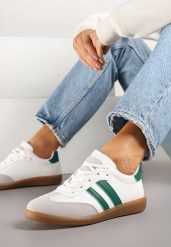 Biało-Zielone Sneakersy Sportowe Tenisówki z Modnymi Przeszyciami i Paskami Zarelna. Białe buty sportowe lifestyle Renee, bez wzorów, sportowe, bez zapięcia. W wyprzedaży za 63.99 zł.