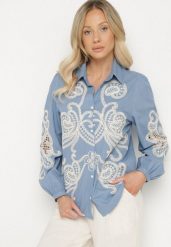Niebieska Koszula z Bawełny Zdobiona Haftem i Ażurowymi Wstawkami Liovera. Niebieskie koszule Born2be, l, z aplikacjami, z bawełny, eleganckie, bez kołnierzyka, bez ramiączek. W wyprzedaży za 118.99 zł.