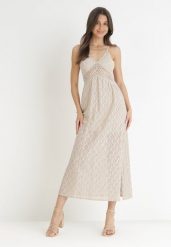 Beżowa Sukienka Esliss. Brązowe sukienki Born2be, l, bez wzorów, z bawełny, boho, bez kołnierzyka, bez ramiączek, maxi. W wyprzedaży za 167.99 zł.