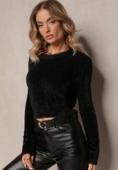Czarny Puchaty Sweter o Krótkim Kroju Darilin. Czarne swetry Renee, bez wzorów, z dzianiny, casualowe, bez ramiączek. W wyprzedaży za 51.99 zł.
