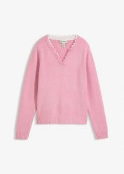 Sweter z koronkową wstawką. Czerwone swetry bonprix, bez wzorów, z koronki, bez ramiączek. Za 107.99 zł.