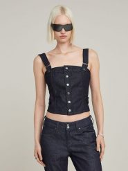 G-Star Top dżinsowy w kolorze granatowym rozmiar: S. Niebieskie topy G-Star, s, bez wzorów, z bawełny, retro, bez kołnierzyka, bez ramiączek. Za 253.88 zł.