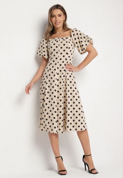 Beżowa Rozkloszowana Sukienka Vices w Grochy z Dekoltem Typu Hiszpanka Zimina. Brązowe sukienki Born2be, na co dzień, l, bez wzorów, z materiału, klasyczne, bez kołnierzyka, bez ramiączek, midi, proste. Za 129.99 zł.