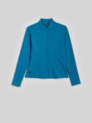 4F Bluza treningowa slim bez kaptura damska - turkusowa XS. Niebieskie bluzy bez kaptura 4f, l, bez wzorów, z materiału, bez kaptura, na fitness i siłownię. Za 179.99 zł.