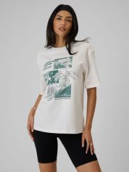 4F T-shirt loose z nadrukiem damski - biały S. Białe t-shirty 4f, s, bez wzorów, z dzianiny, klasyczne, bez kołnierzyka, bez ramiączek. Za 79.99 zł.