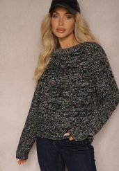 Czarny Sweter z Dodatkiem Wełny z Tłoczonym Zdobieniem i Kolorową Nitką Terivana. Czarne swetry Renee, z aplikacjami, z jeansu, biznesowe, bez ramiączek. W wyprzedaży za 55.99 zł.