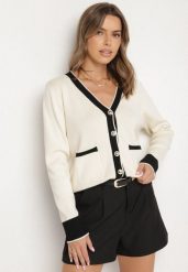 Beżowy Kardigan z Wiskozą z Ozdobną Lamówką i Guzikami Halirena. Brązowe swetry Born2be, l, bez wzorów, z wiskozy, eleganckie, bez ramiączek. Za 109.99 zł.
