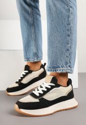 Czarno-Beżowe Sneakersy Ozdobione Geometrycznym Motywem Calgis. Czarne buty sportowe lifestyle Renee, bez wzorów, z jeansu, sportowe, bez zapięcia. Za 99.99 zł.