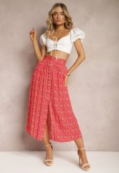 Czerwona Maxi Spódnica Rozkloszowana w Kwiaty z Guzikami Kessame. Czerwone spódnice Renee, na co dzień, l, bez wzorów, maxi, proste. Za 34.99 zł.