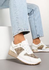 Biało-Brązowe Sneakersy z Ozdobnymi Przeszyciami i Metaliczną Wstawką Miltia. Białe buty sportowe lifestyle Born2be, bez wzorów, sportowe, bez zapięcia. W wyprzedaży za 63.74 zł.