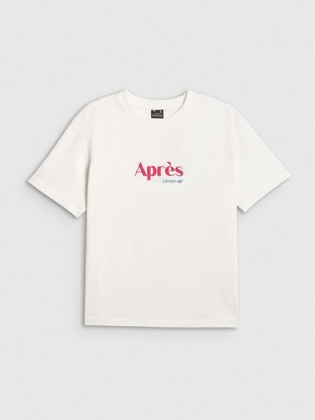 4F T-shirt boxy z nadrukiem damski - beżowy XS. Brązowe t-shirty 4f, xs, bez wzorów, z bawełny, bez kołnierzyka, bez ramiączek. Za 69.99 zł.
